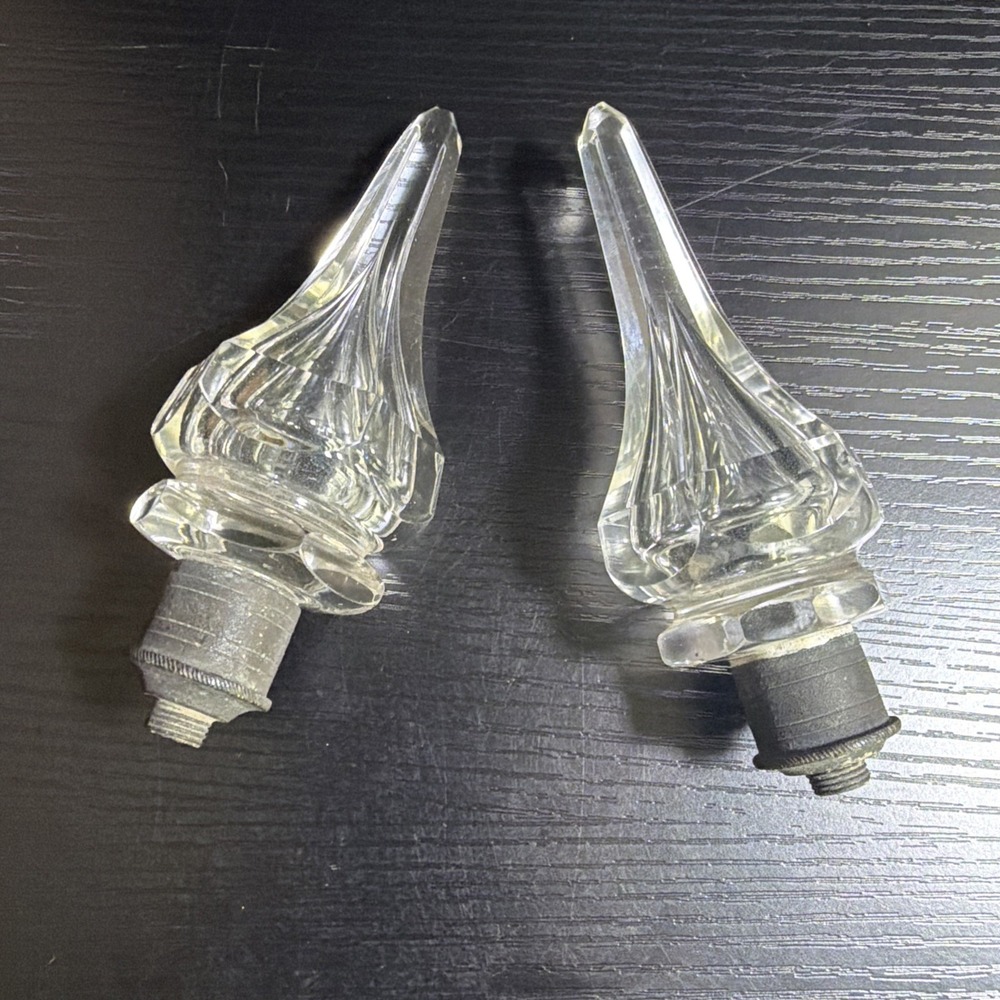 Vintage Crystal Glass Spear Finials Pair 5.25" Threaded Chandelier Lamp Parts